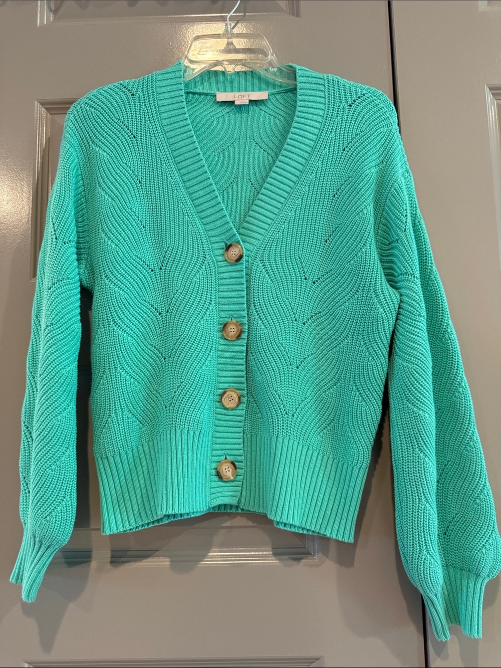 LOFT Aqua Teal Cable Knit Button-Front Cardigan